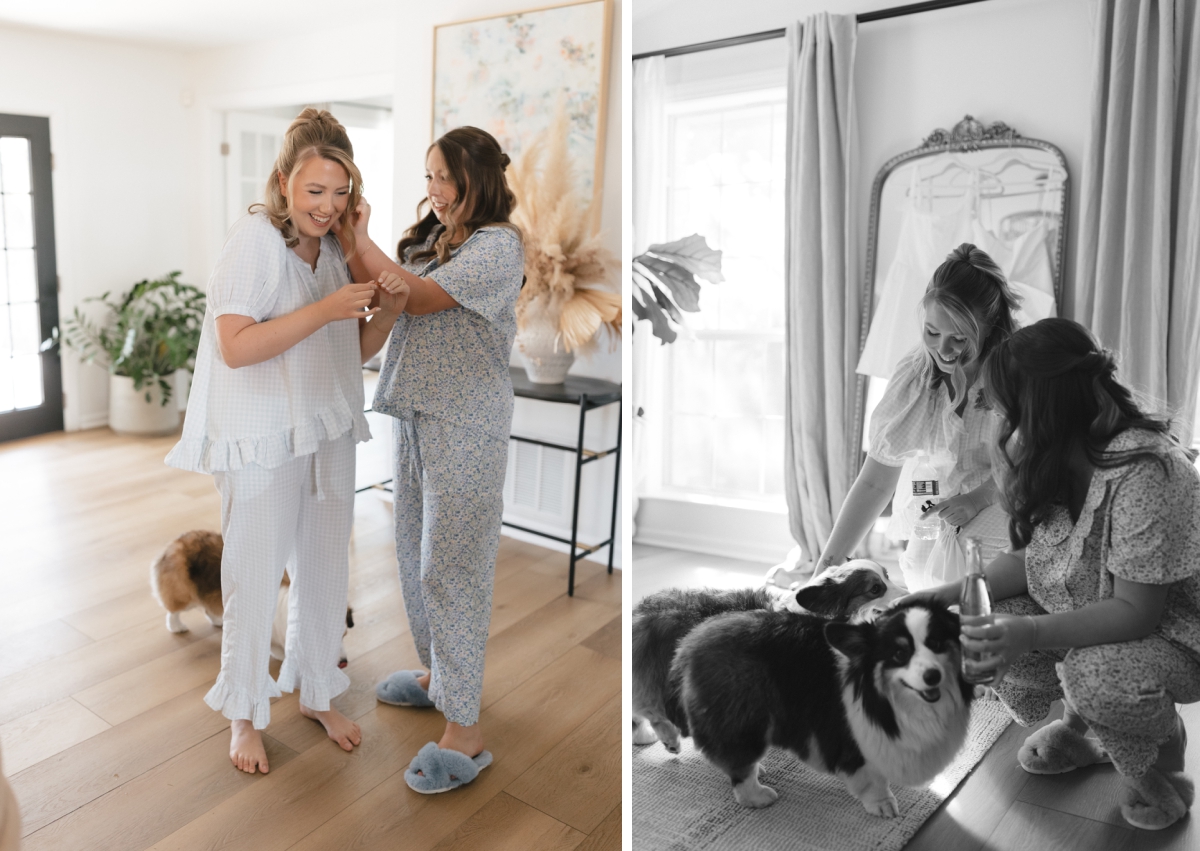 Two brides dress for their wedding ceremony at The Addison Grove's preparation cottage