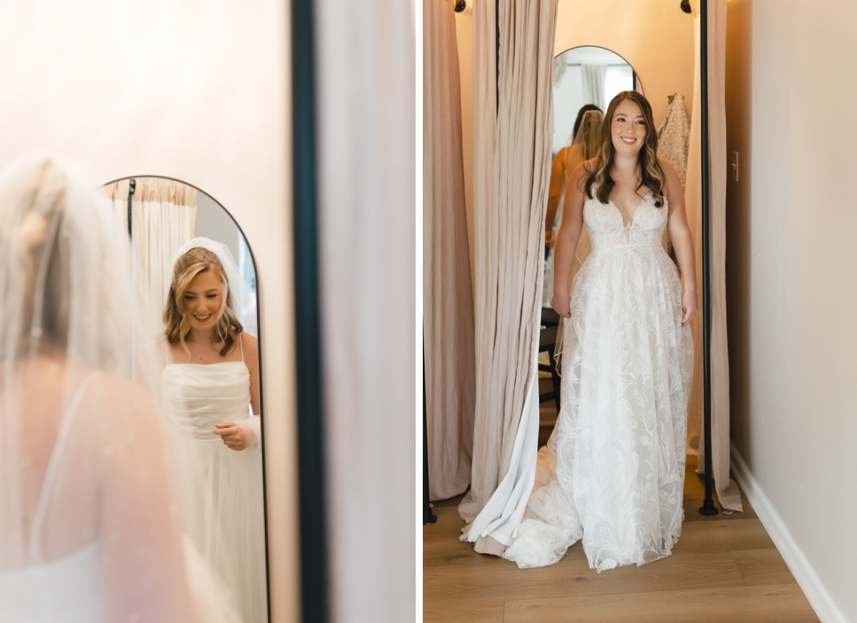 Portraits of two brides putting on their wedding dresses and veils