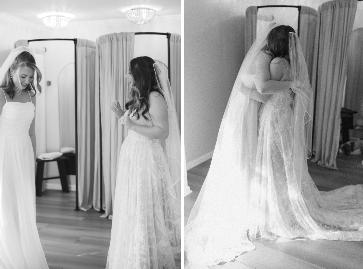 Black and white film photos of two brides doing a first look at The Addison Cottage