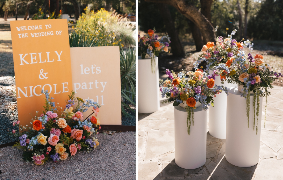 Orange signage and wildflower bouquets welcoming guests to a wedding ceremony at The Addison Grove