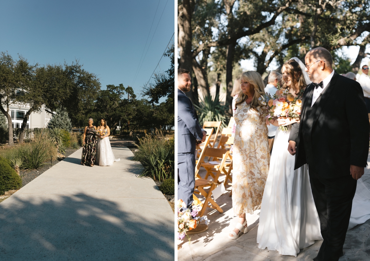 Both brides carry a wildflower bouquet by Native Bloom Floral as they are walked down the aisle by their parents