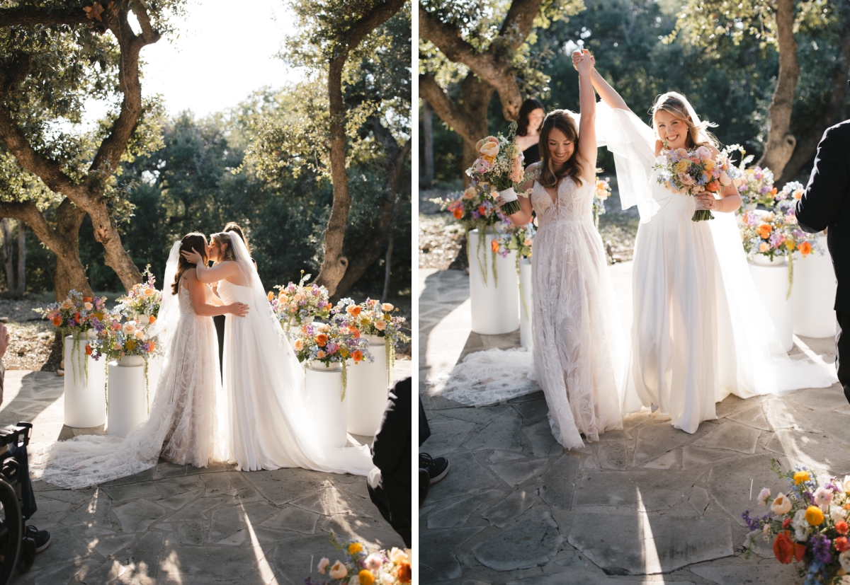 A first kiss between two brides at The Addison Grove