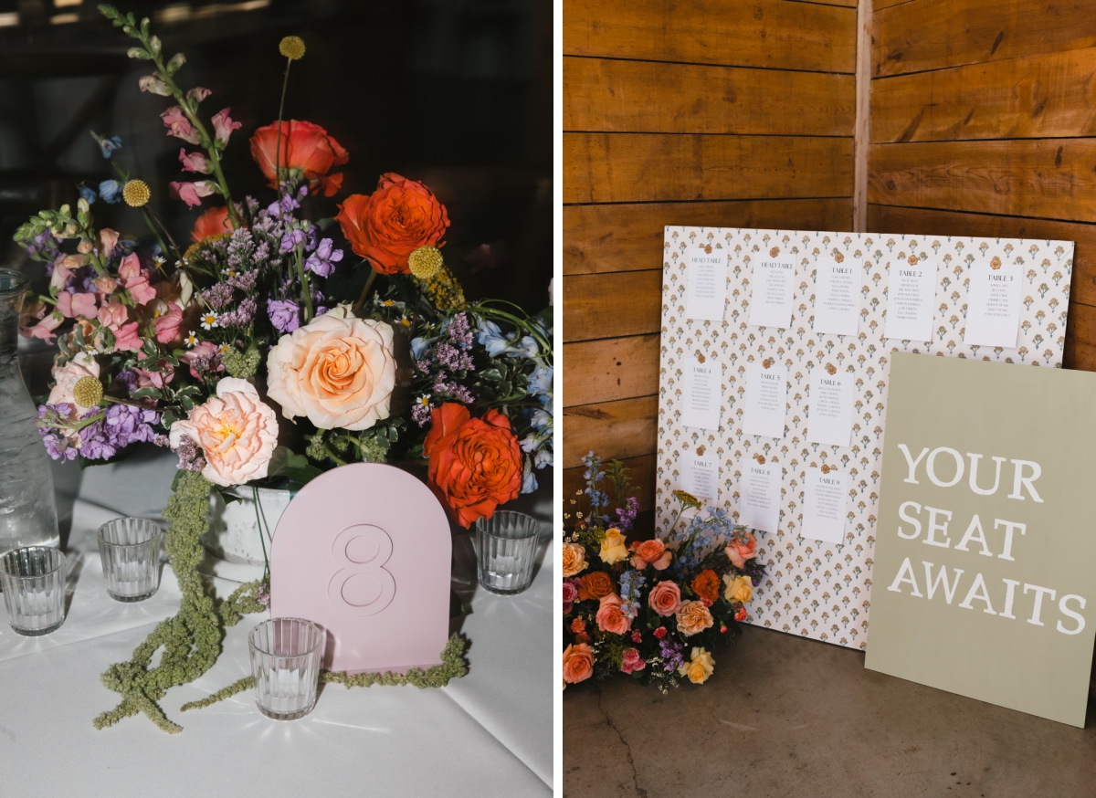 A seating chart and wildflower centerpiece by Native Bloom Floral in the doorway of a reception at The Addison Grove