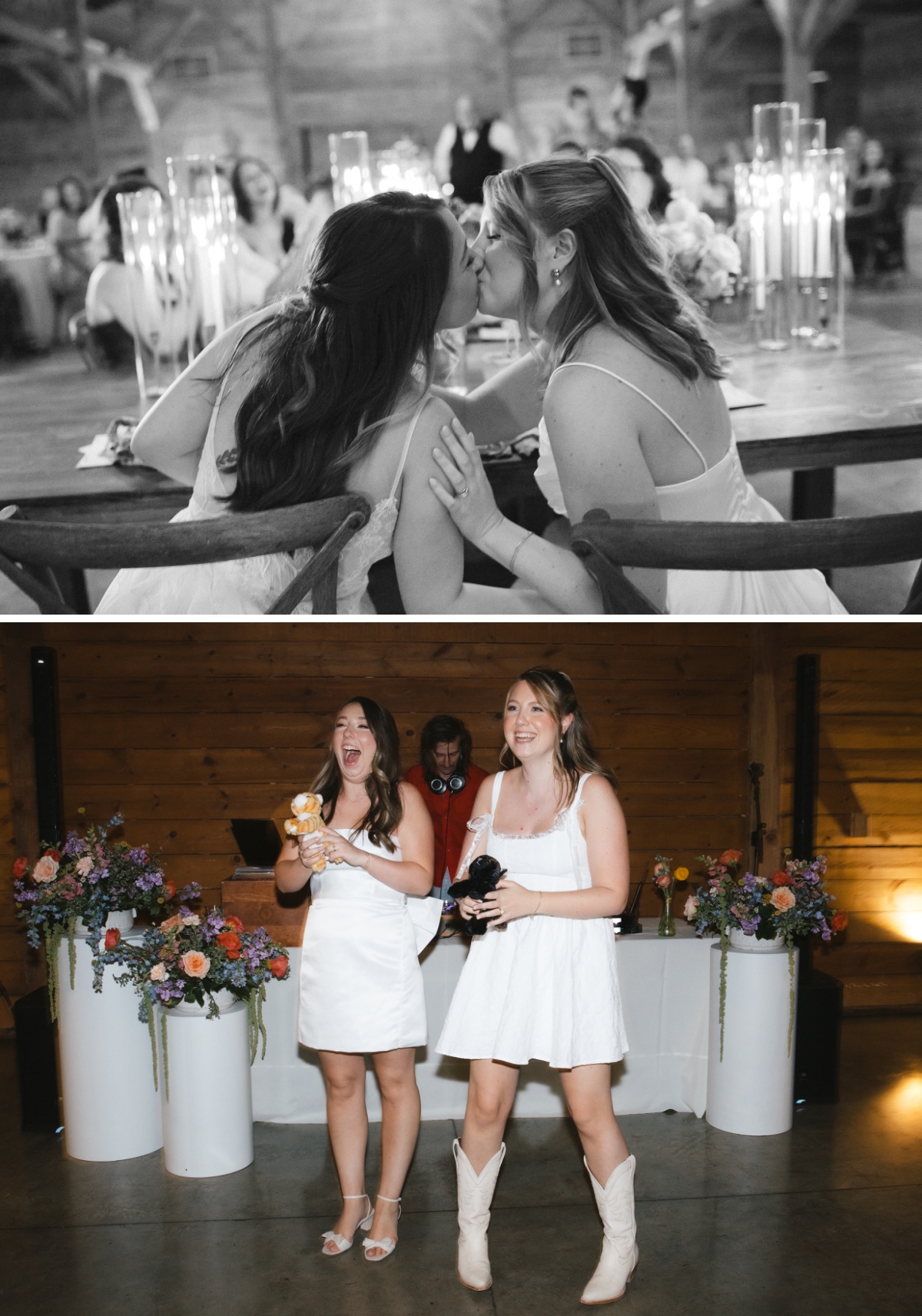 The brides kiss at their reception table before dinner at The Addison Grove 