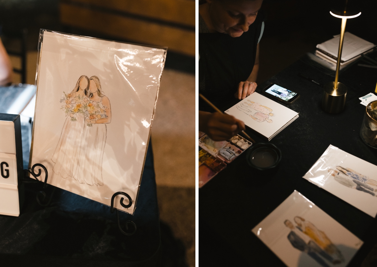 A live wedding painting of two brides and their guests at The Addison Grove in the Texas Hill Country