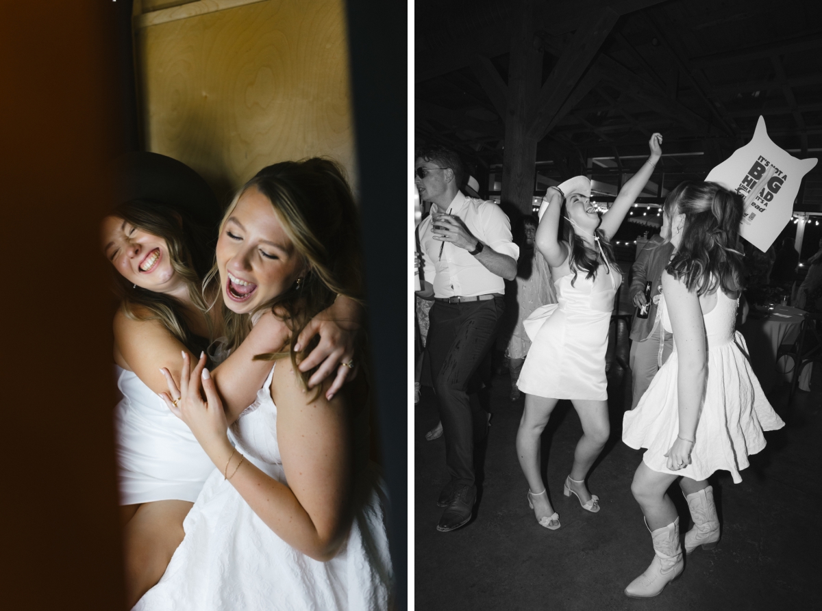 Film photos of brides dancing at their wedding reception, holding large cardboard cut outs of their dogs. 