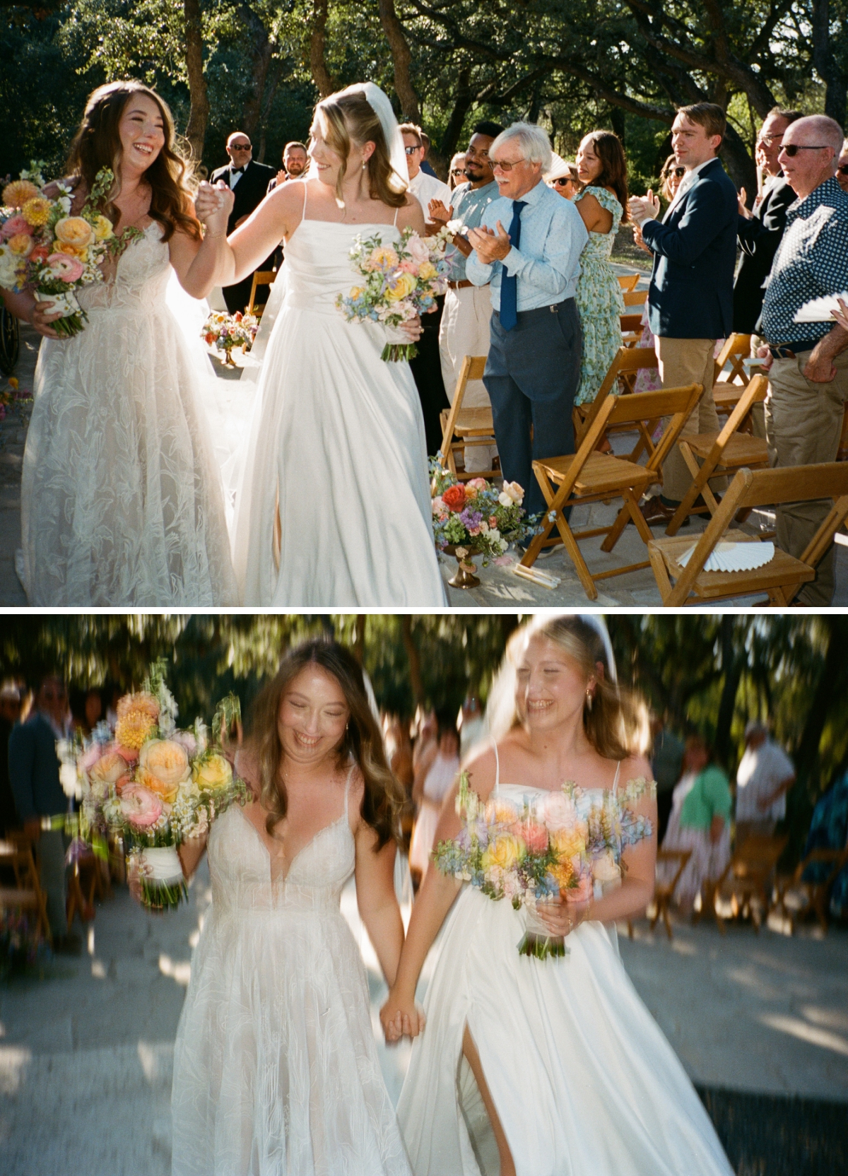 Film photos of two brides exiting their wedding ceremony 