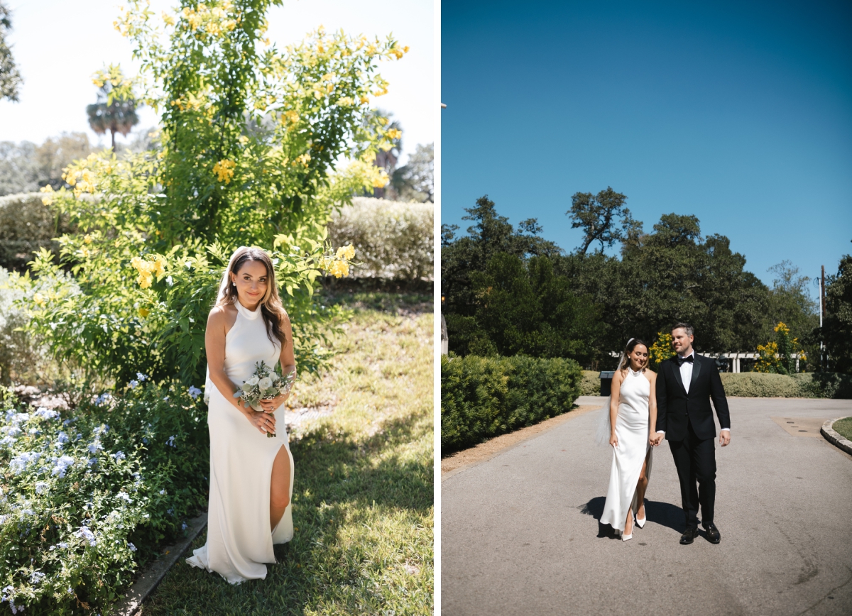 Individual portraits of the bride and groom at Laguna Gloria at The Contemporary Austin