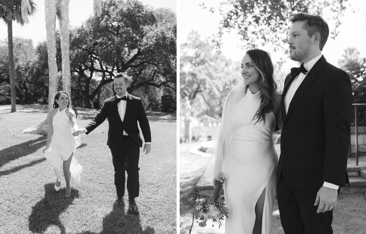 A black and white film photo of a bride in a high neck white silk dress and a groom in a black tuxedo at Laguna Gloria