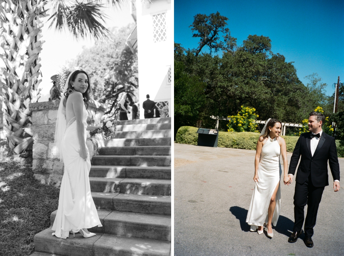 Candid photos of a bride and groom walking around Laguna Gloria at The Contemporary Austin 