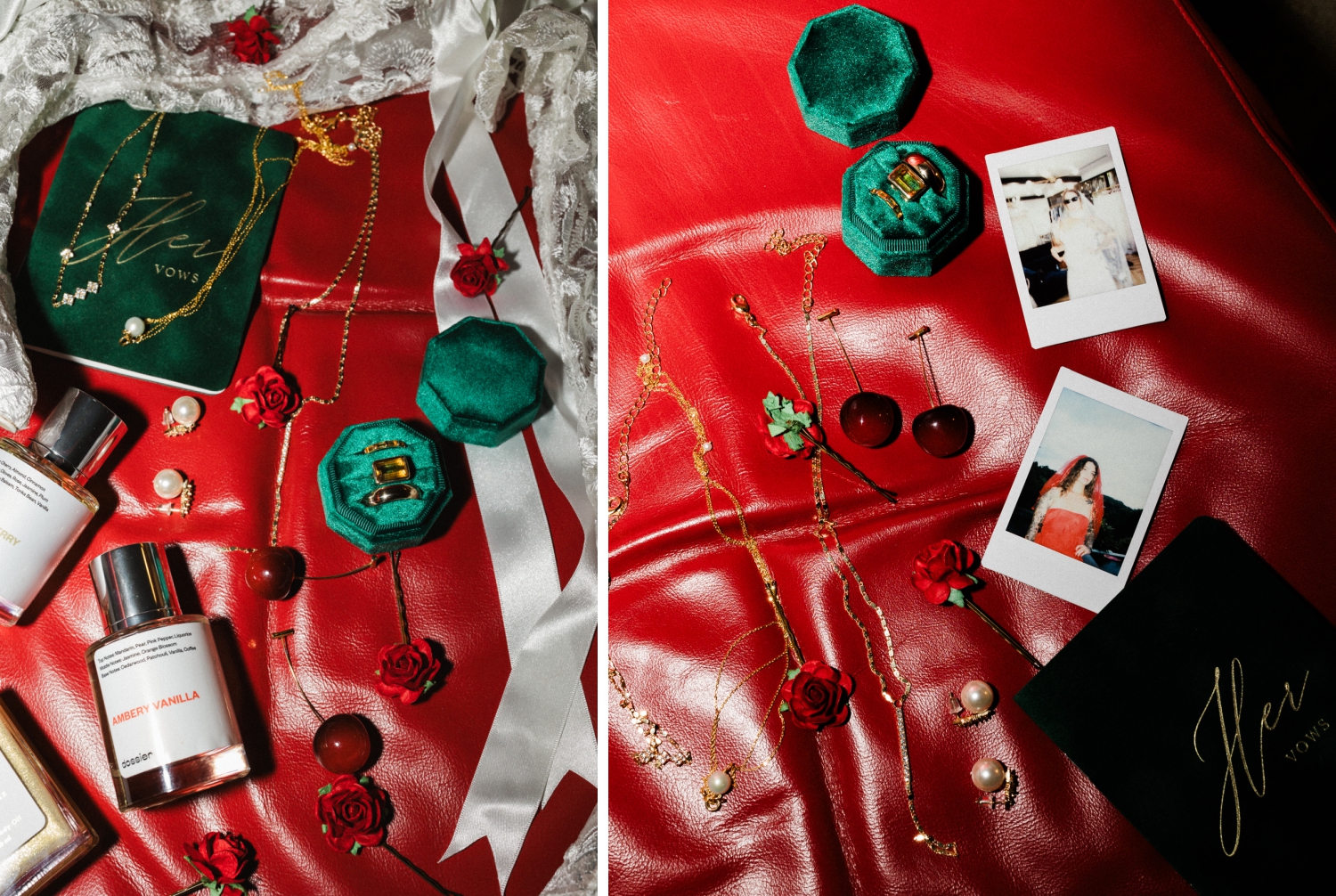 Details of jewelry and perfume on a red leather couch