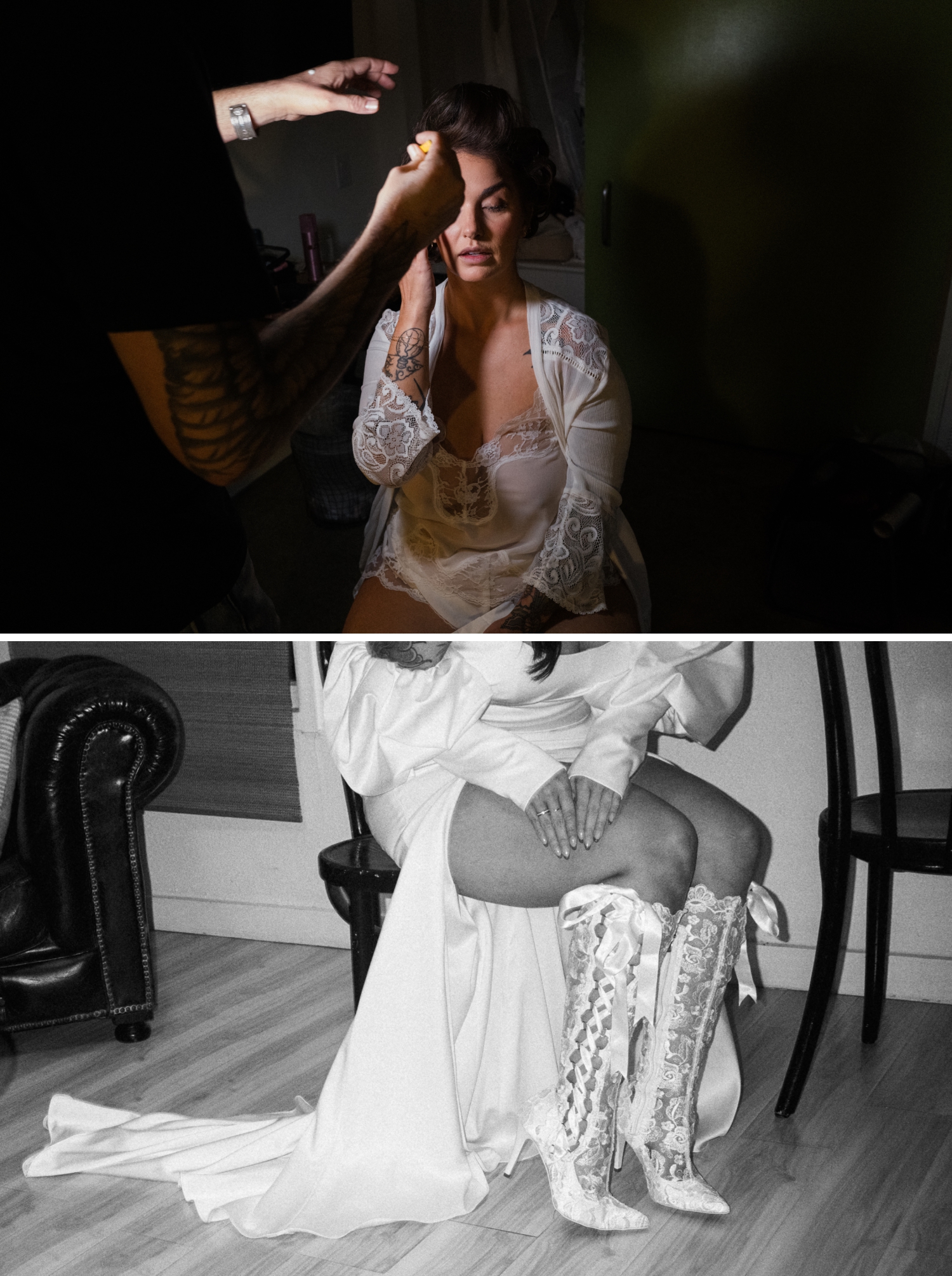 Film photos of a bride getting ready before her wedding ceremony