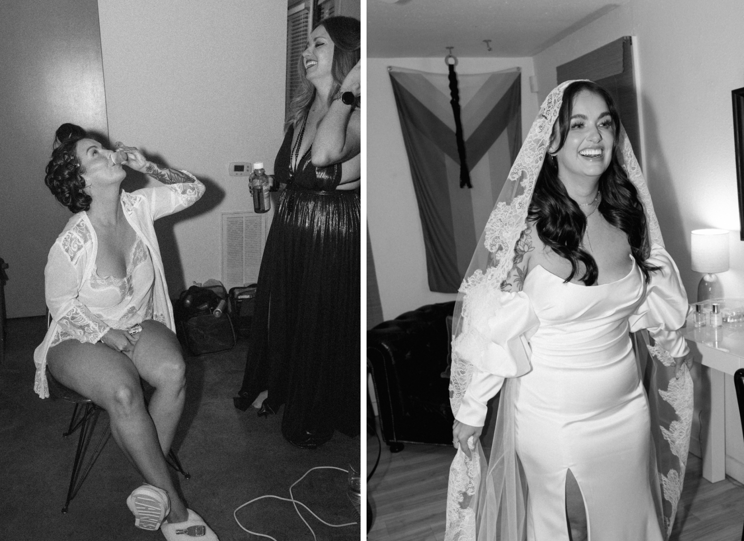 Black and white photos of a bride in her wedding dress and veil