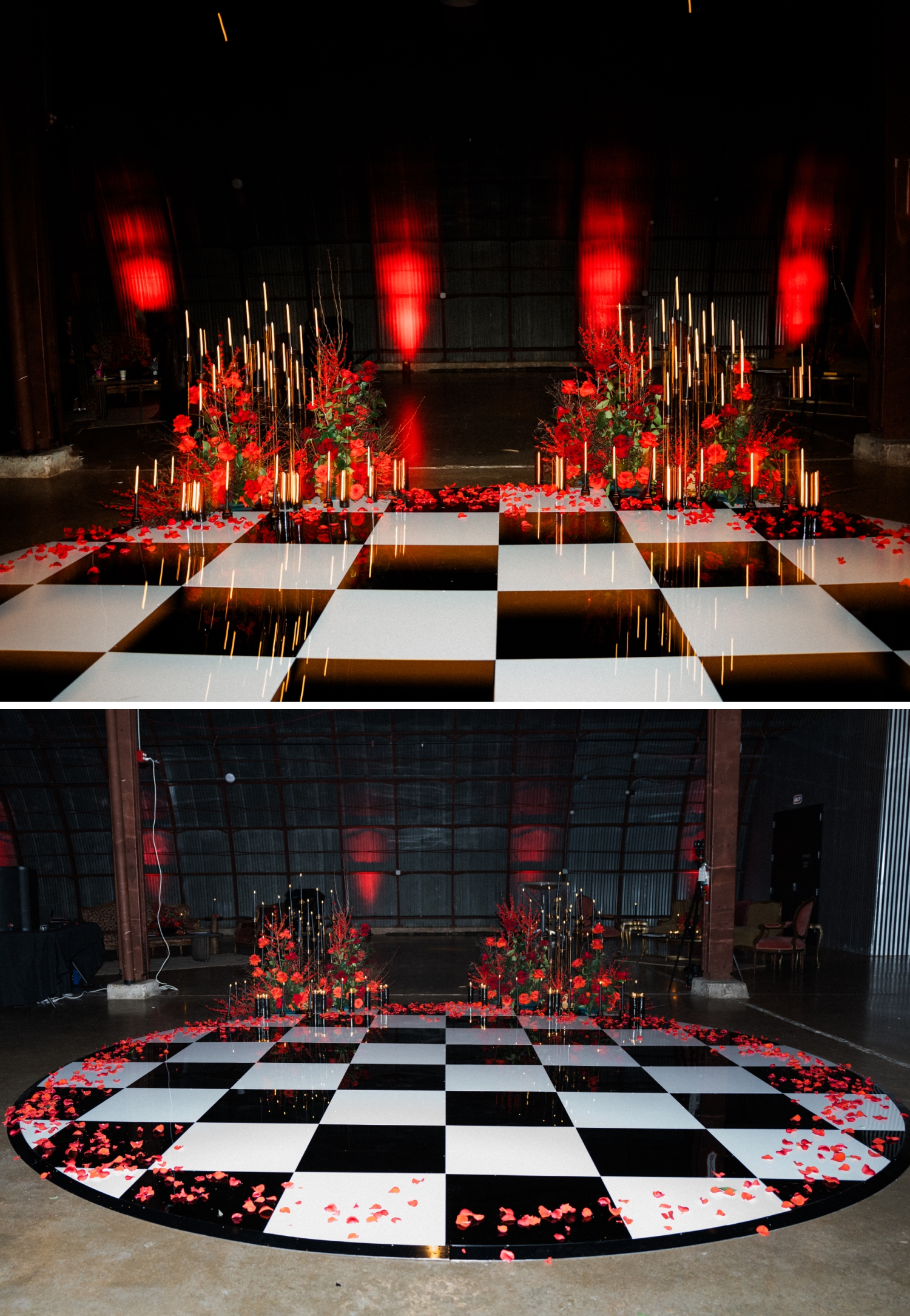 Wide shots of a wedding altar on a black and white checkered floor