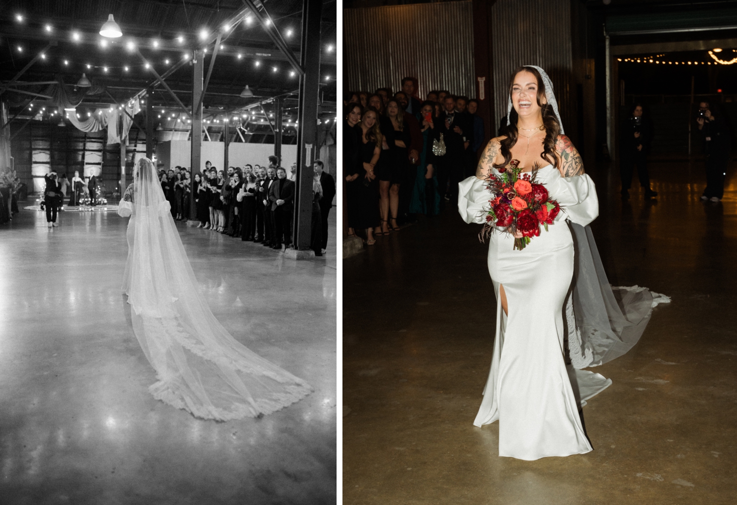 A bride walks down the aisle at a wedding at Fair Market in Austin, Texas