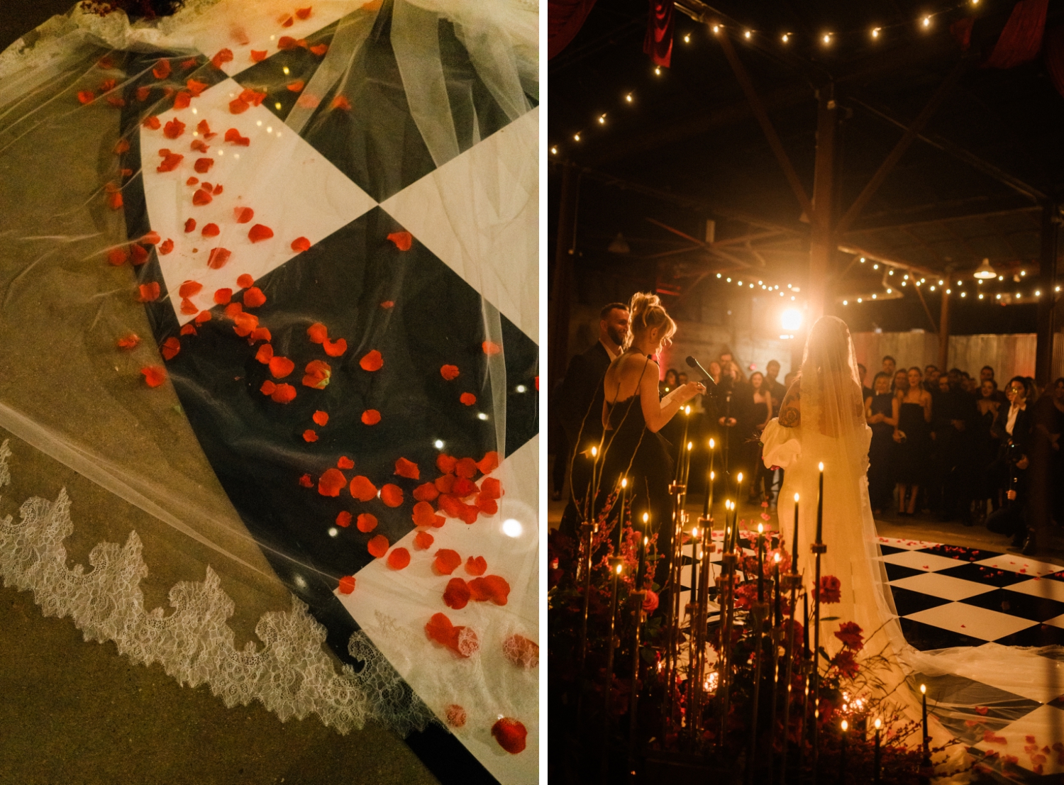 Film photos of rose petals on the brides veil during the wedding ceremony