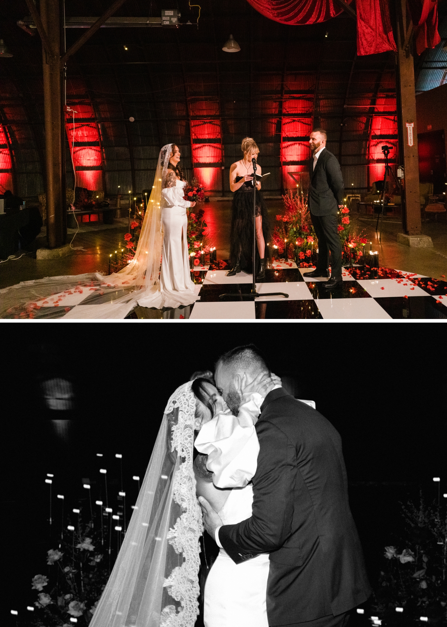 A bride and groom have their first kiss at Fair Market in Austin, Texas