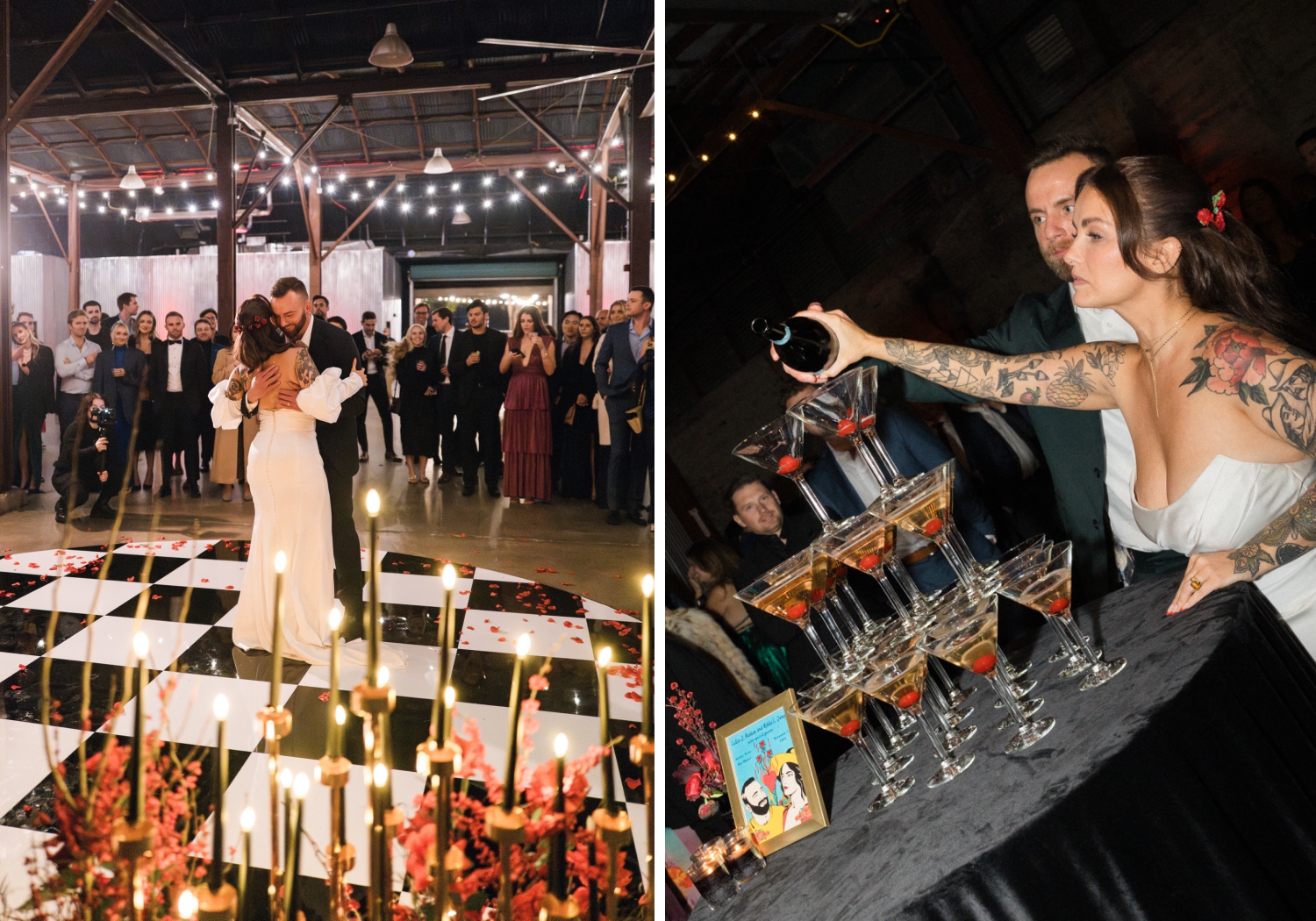 A bride and groom pour champagne into a tower at Fair Market in Austin, Texas