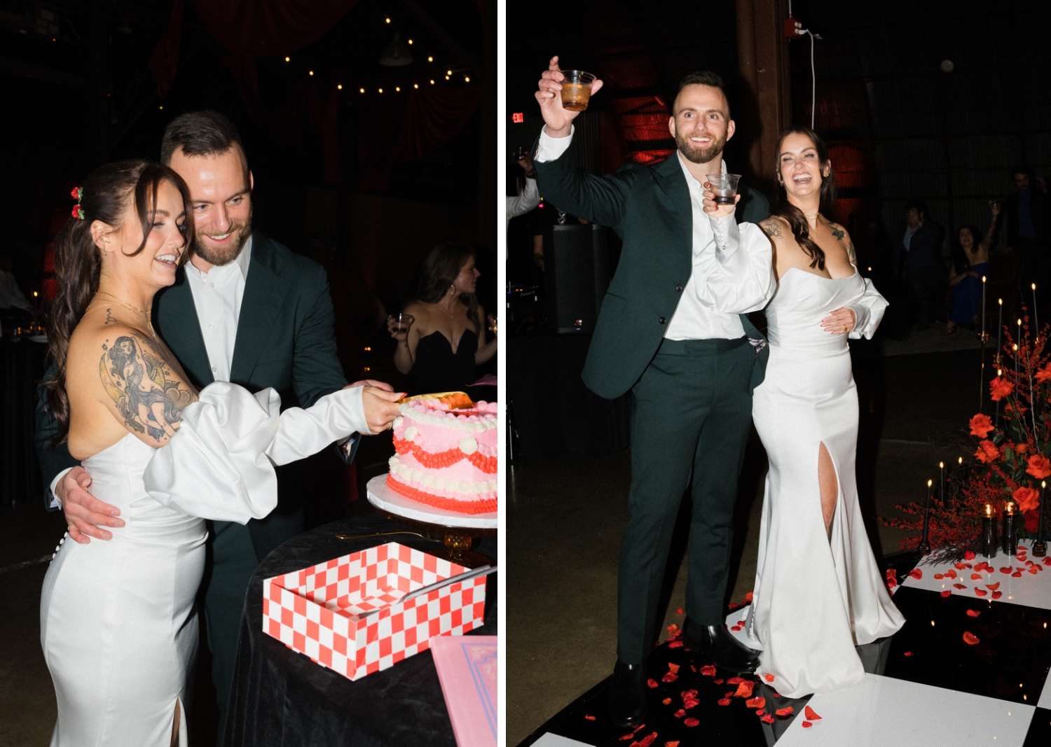 A bride and groom cut their wedding cake at their wedding reception