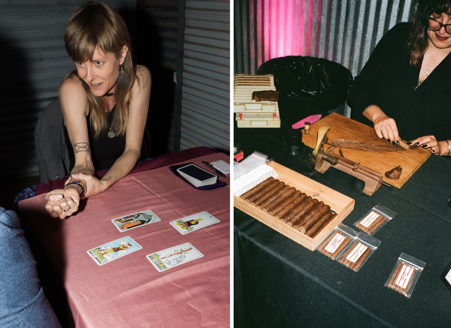 A cigar roller and tarot card reader offer guest experiences at a wedding reception