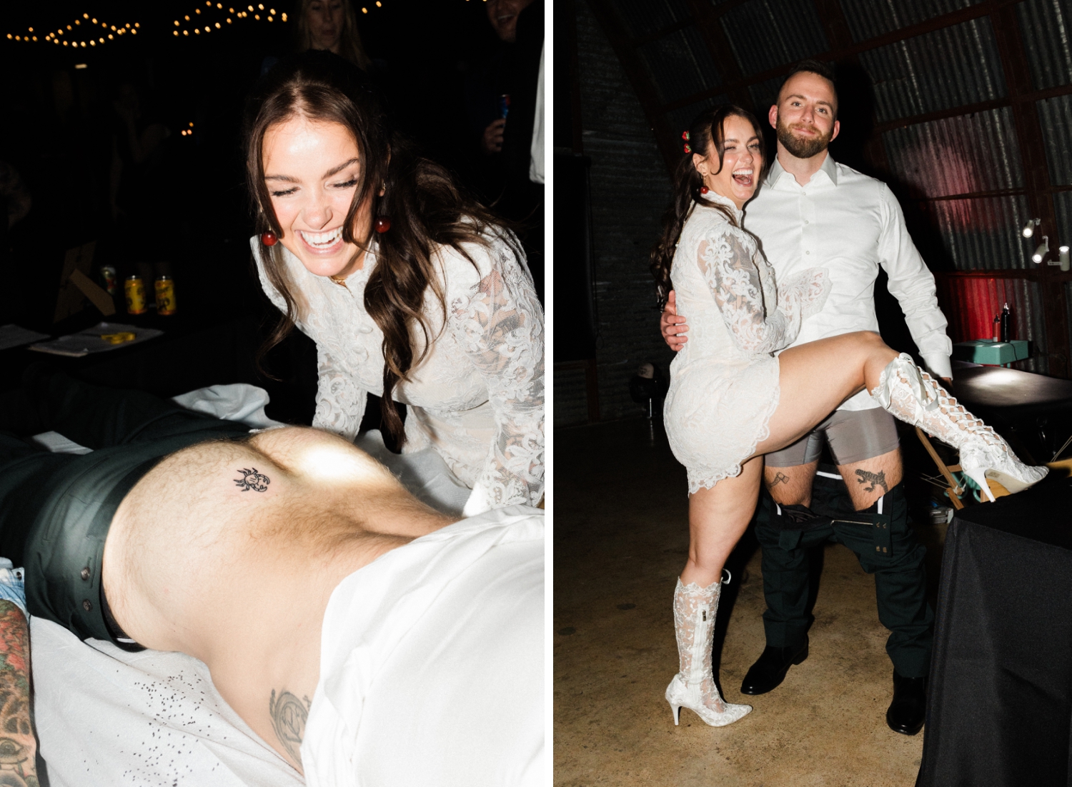 A groom gets a tattoo of a crab on his butt cheek at his wedding at Fair Market in Austin, Texas