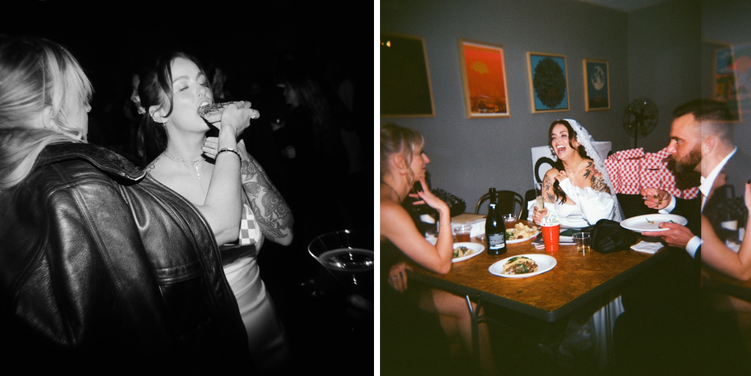 Film photos of the bride and groom eating pizza at Fair Market in Austin, Texas