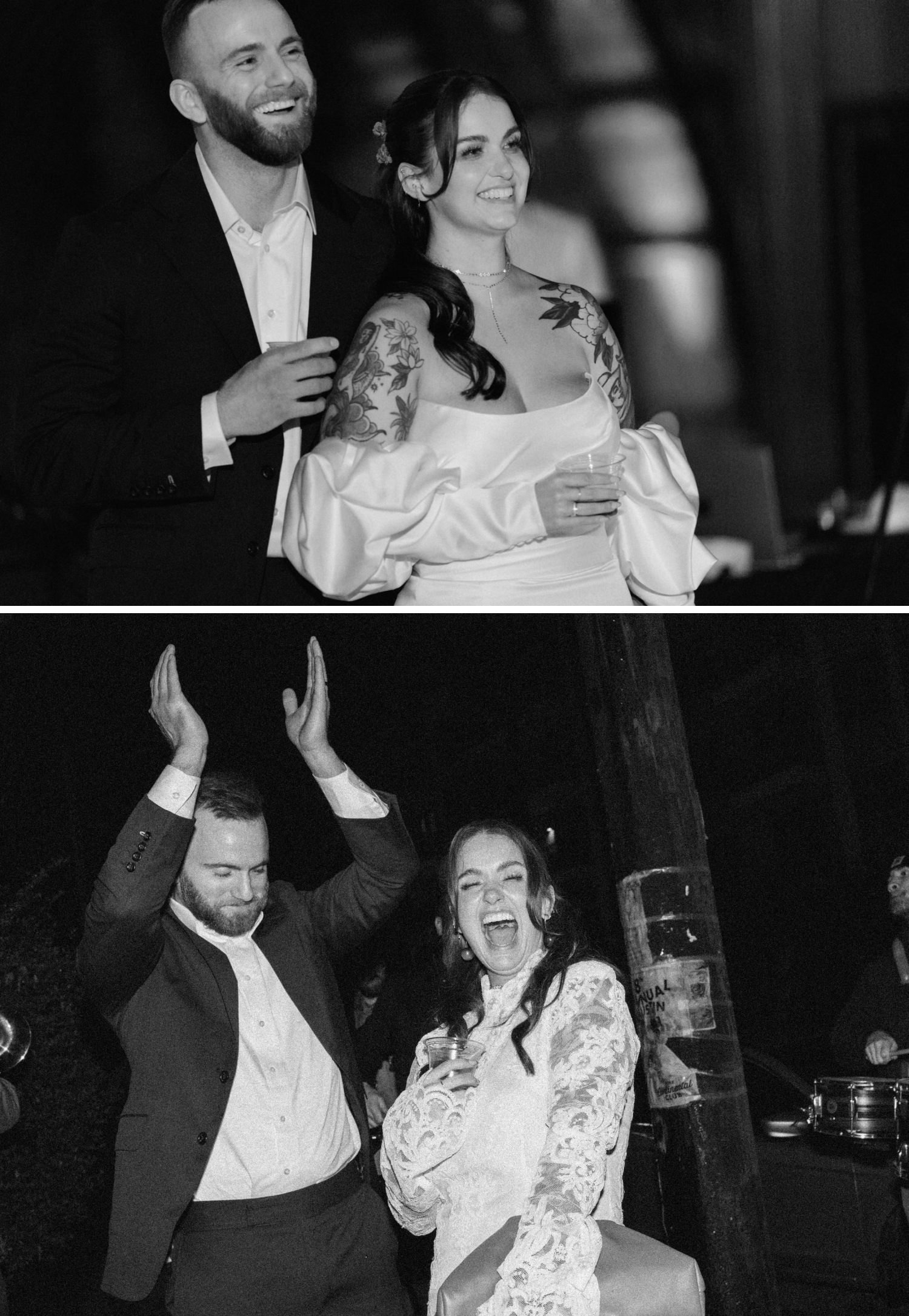 The bride and groom laugh during the best man speech