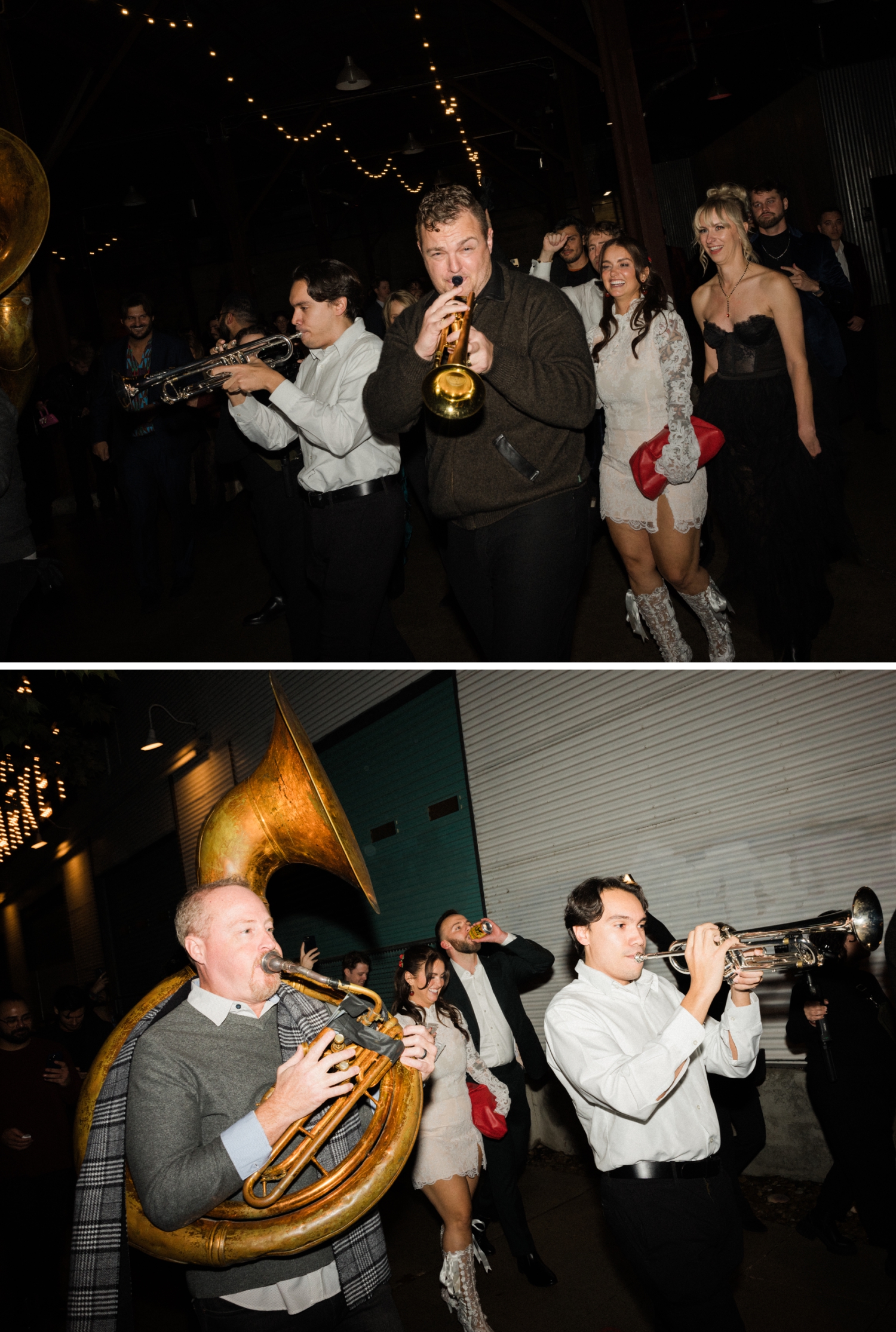 A second line band leads wedding guests from Fair Market to White Horse