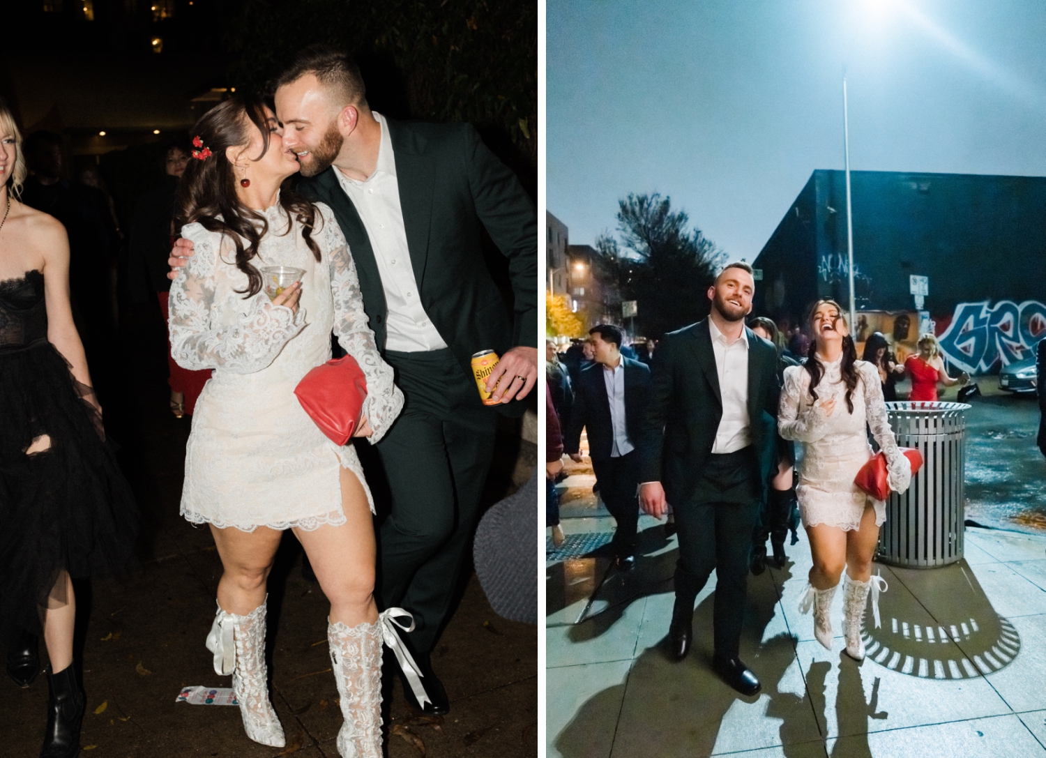 The bride and groom walk from Fair Market to White Horse in Austin, Texas