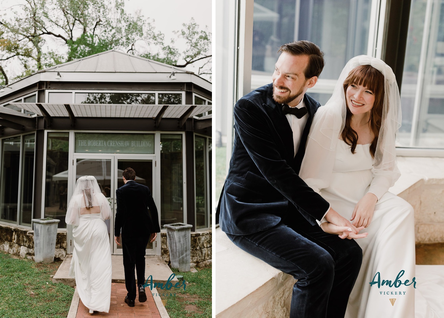 Bride and groom walking into the Crenshaw Building at the UMLAUF Sculpture Garden in Austin