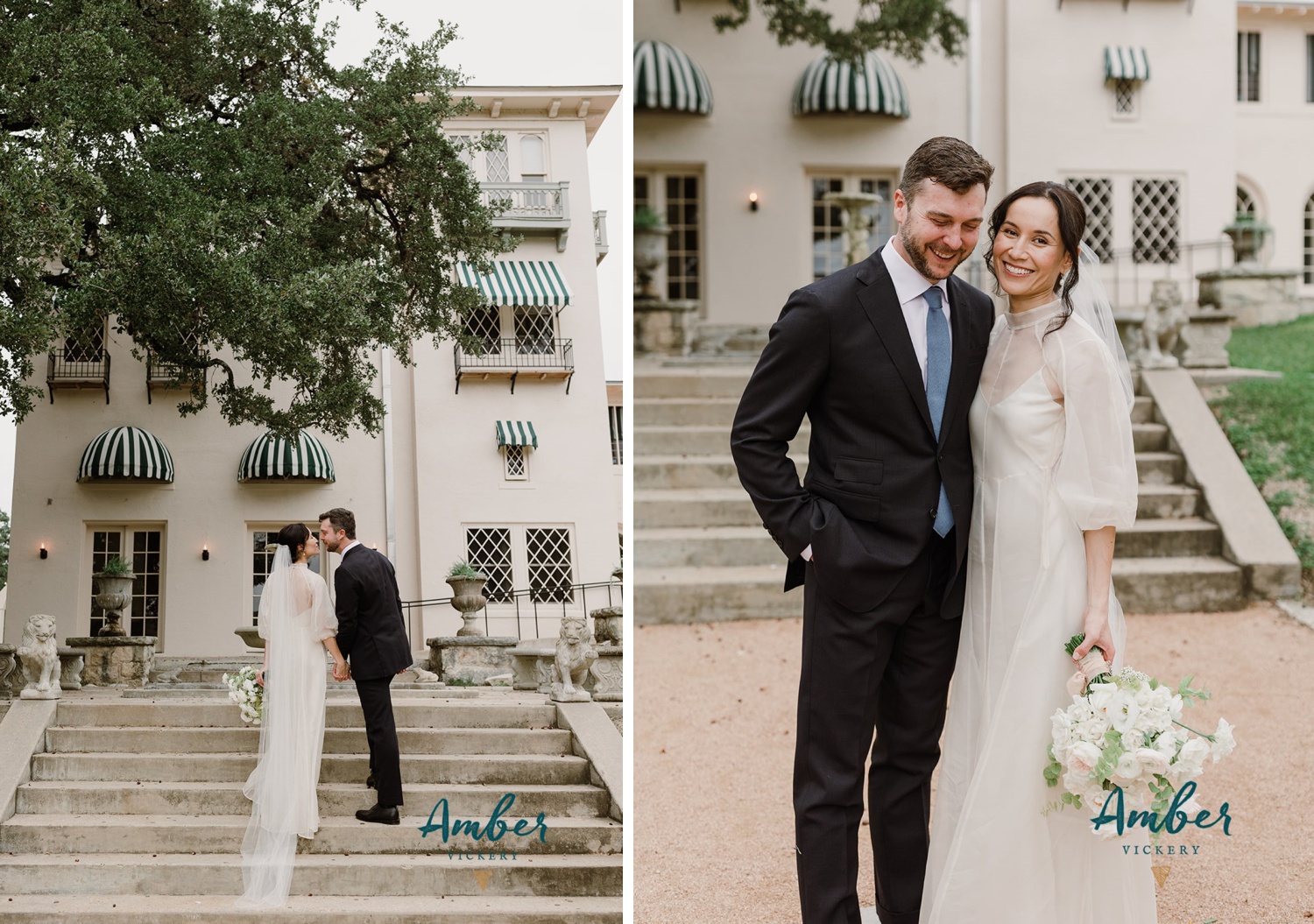 Bridal portraits on the steps at Laguna Gloria in Austin, TX