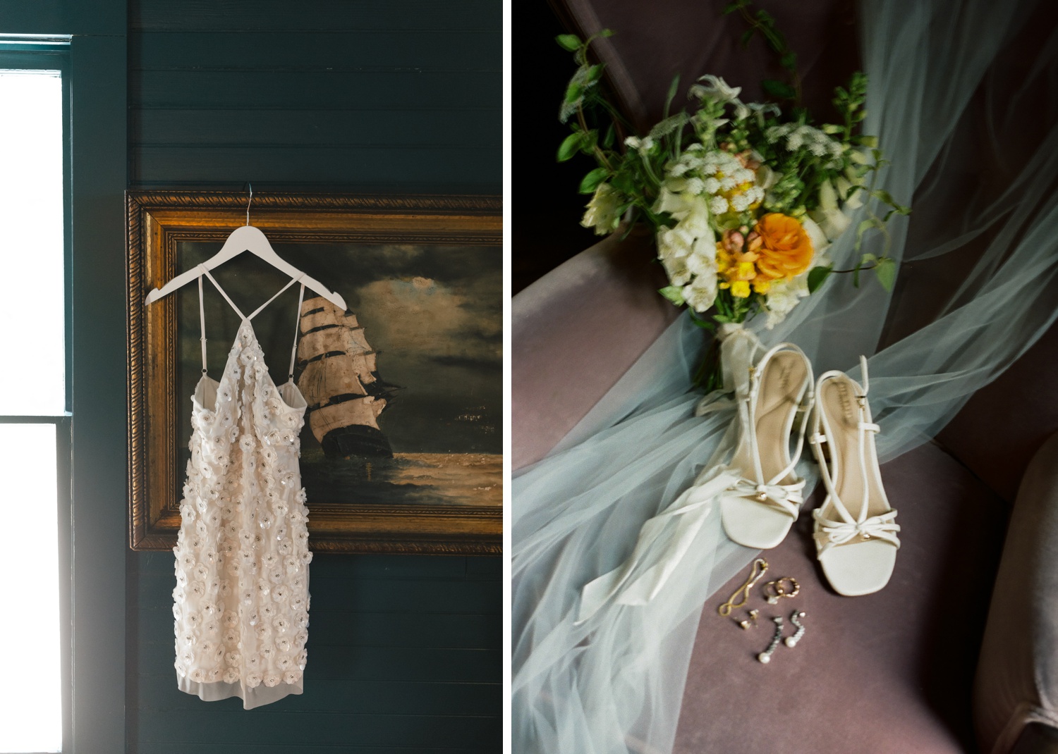 White floral appliqué mini dress hanging from a picture frame at Mattie's Green Pastures