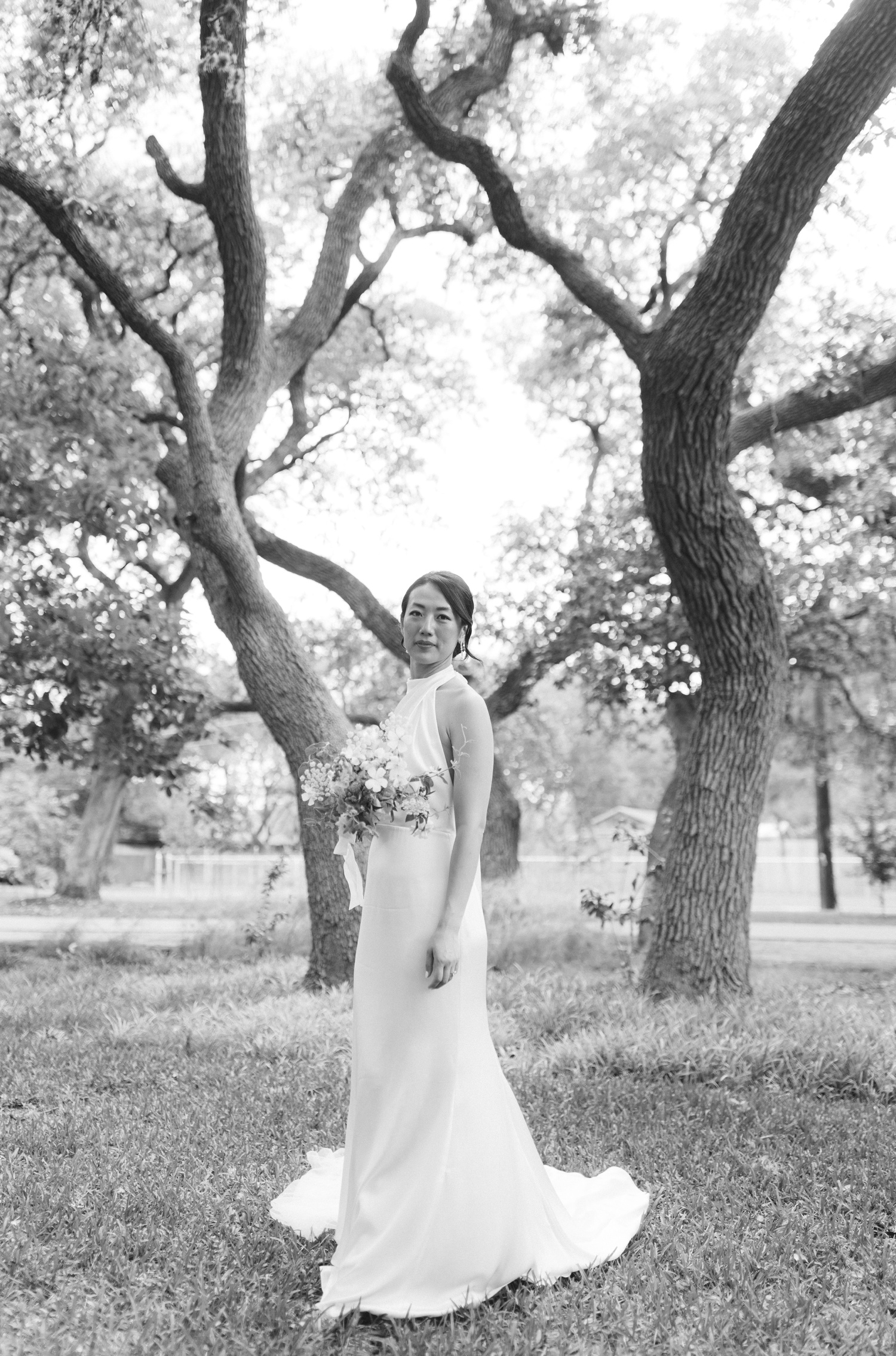 Portrait of a bride on black and white film