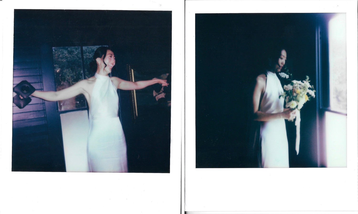 Polaroids of a bride getting ready and holding her wedding bouquet