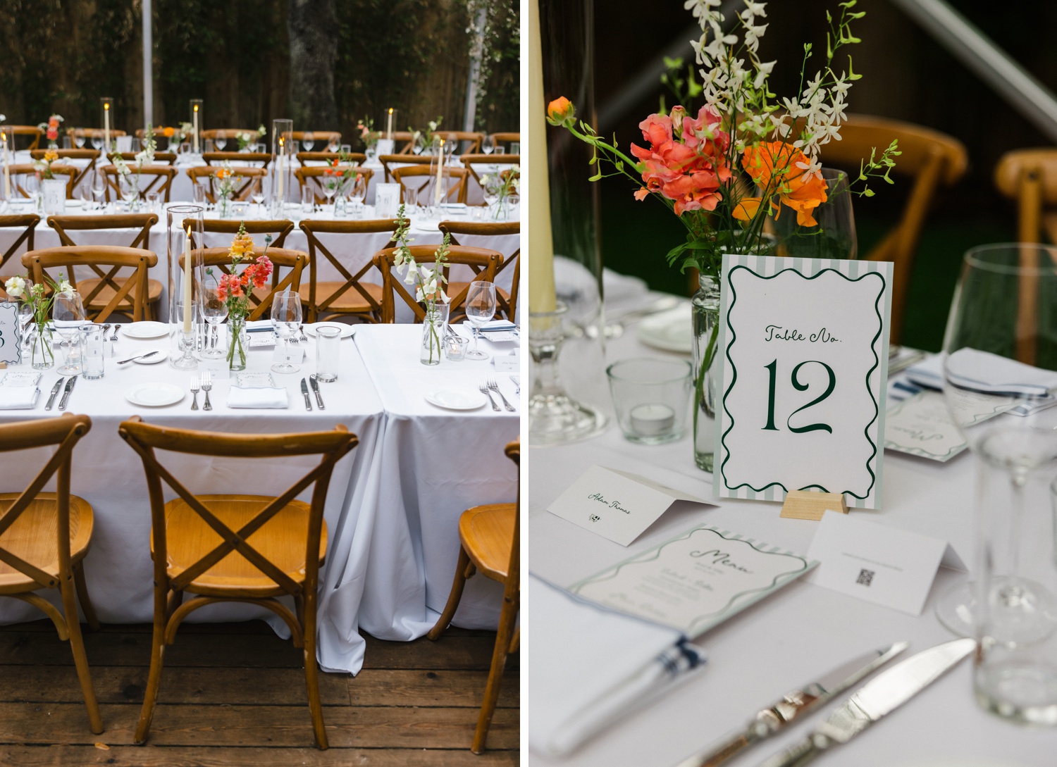 Table number sign with a wavy green border at an Austin wedding