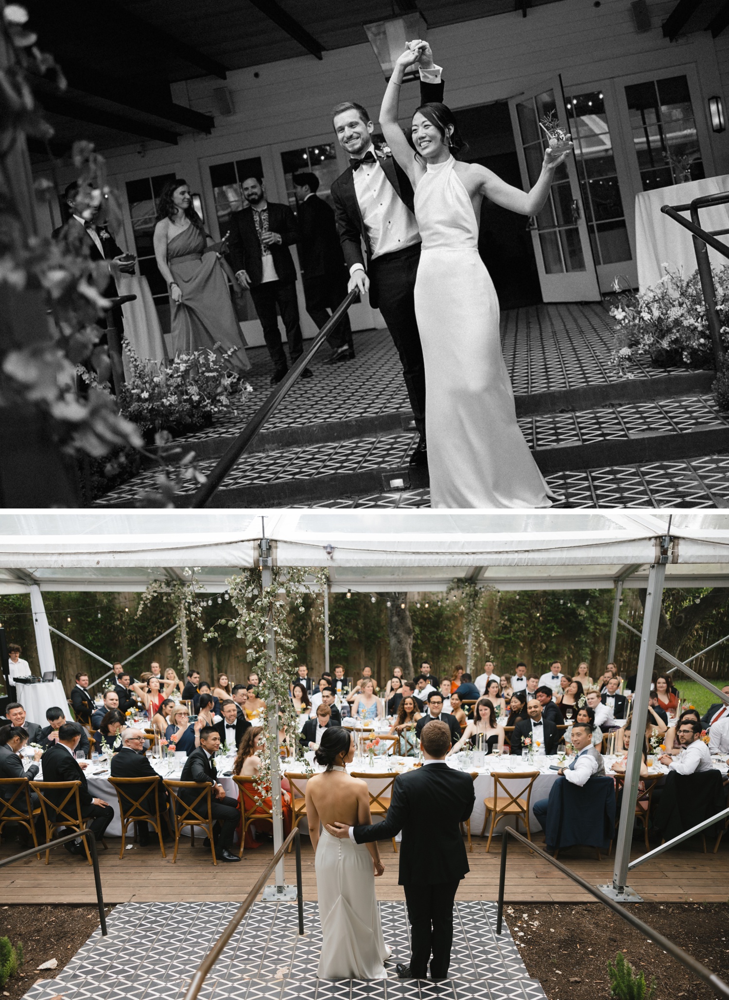 Bride and groom entering their wedding reception
