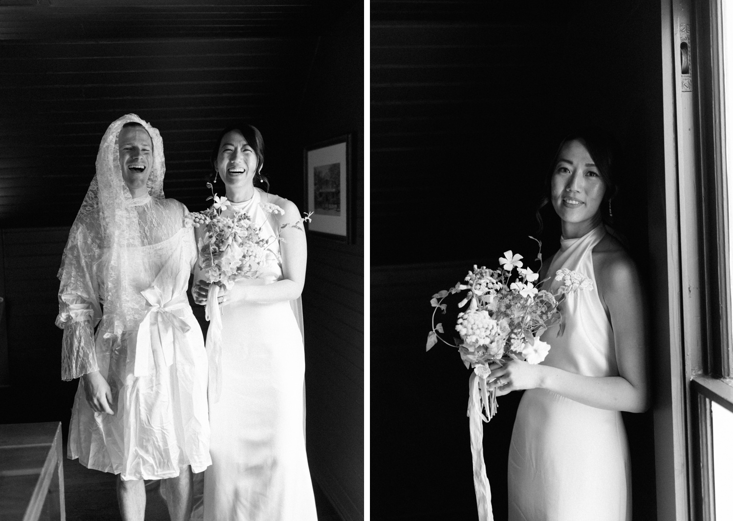 Black and white portrait of a bride holding her wedding bouquet