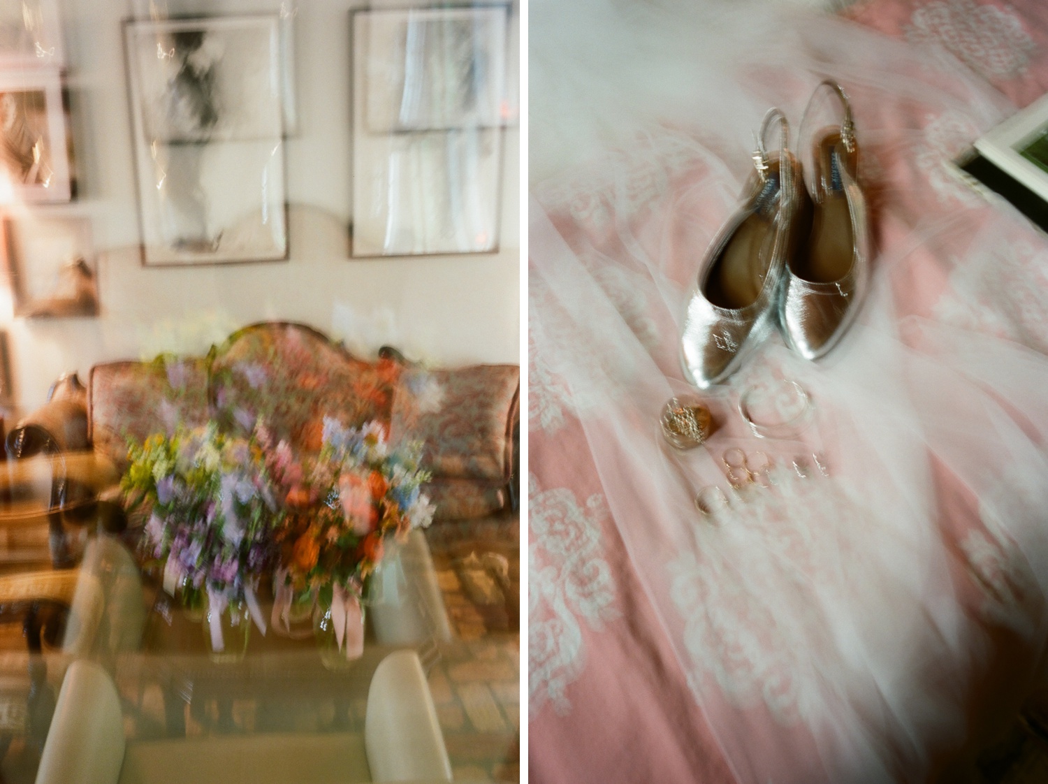 Film of colorful bouquets and silver slingback shoes at an Austin wedding