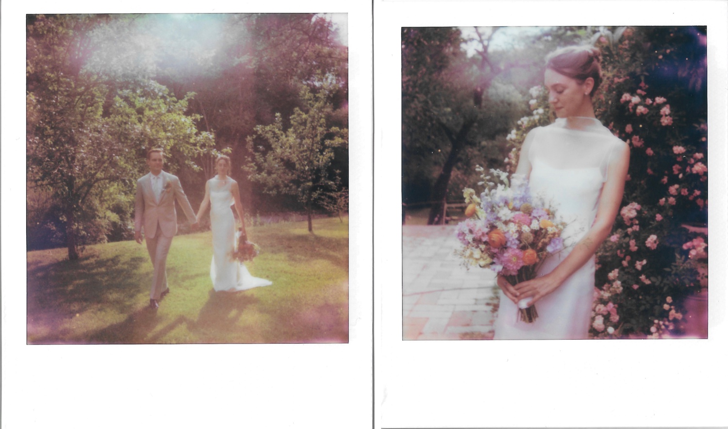 Polaroids of a bride and groom holding hands and a bride holding a colorful wedding bouquet