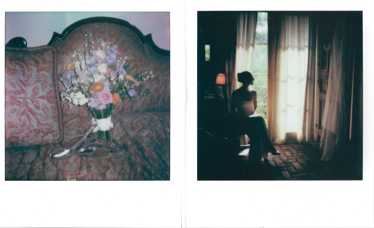 Polaroids of a colorful wedding bouquet and a bride getting ready