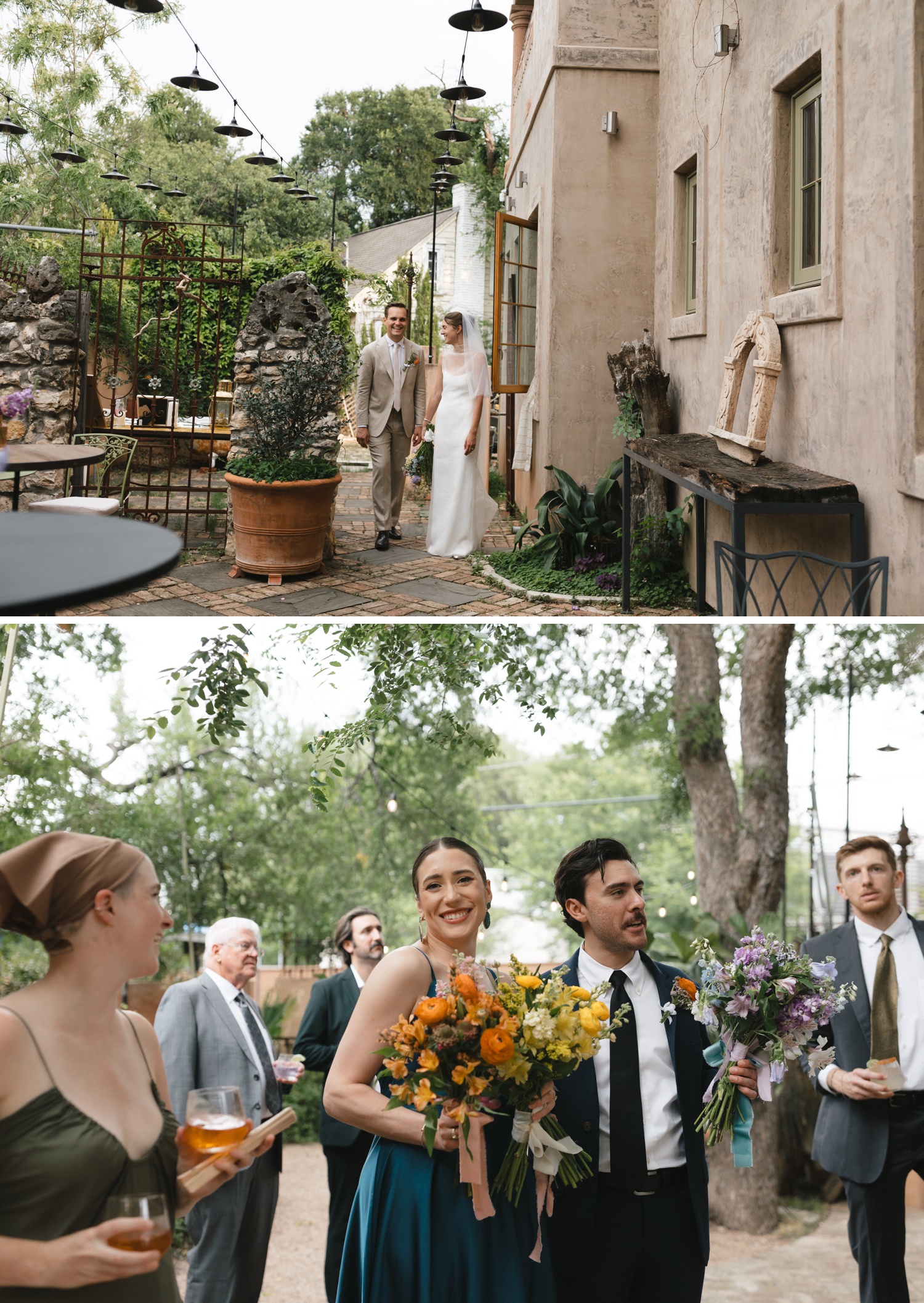 Bride and groom entering their cocktail hour at The Inn at Jennifer's Gardens