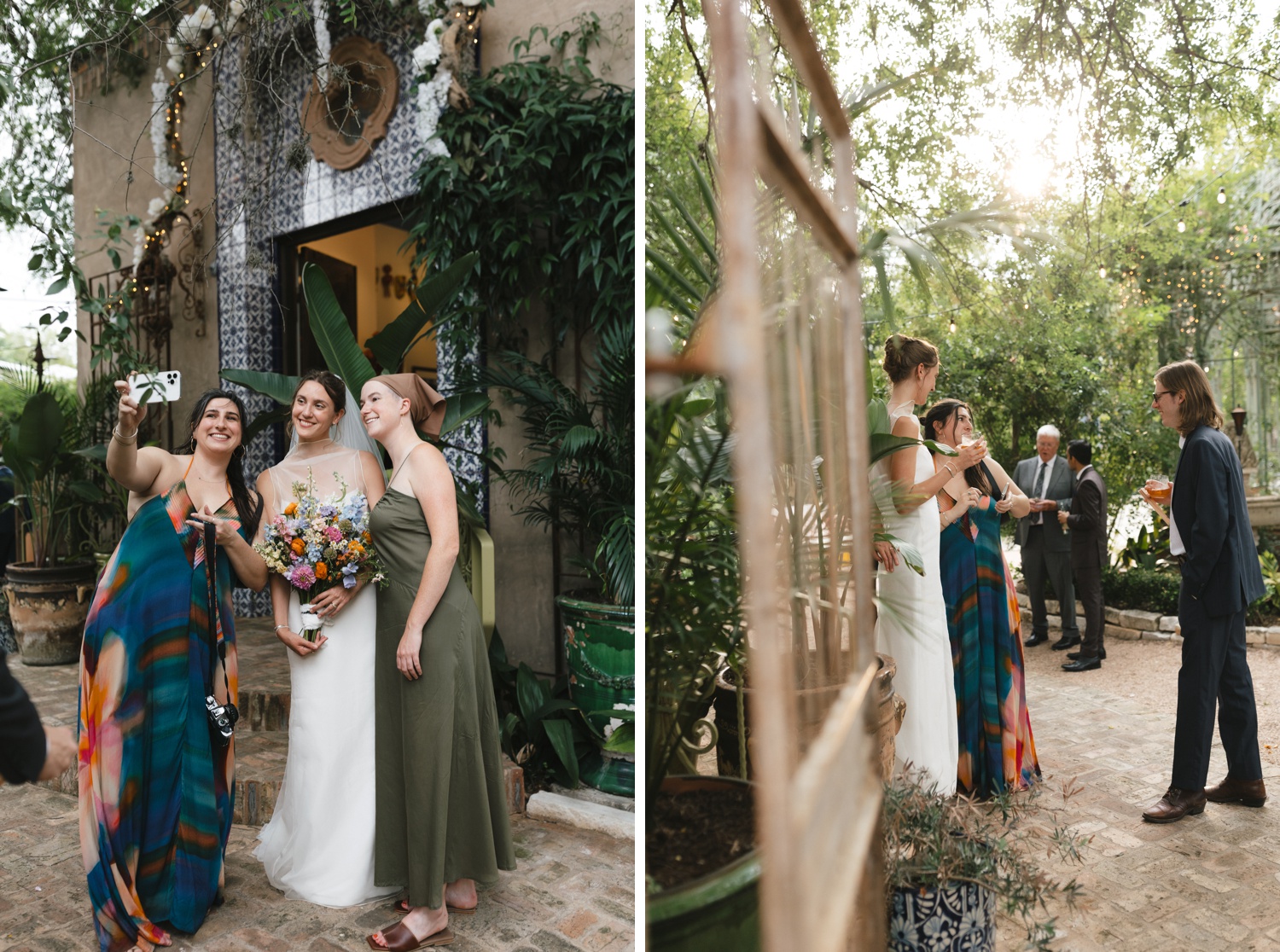 Wedding guests socializing on the patio at The Inn at Jennifer's Gardens