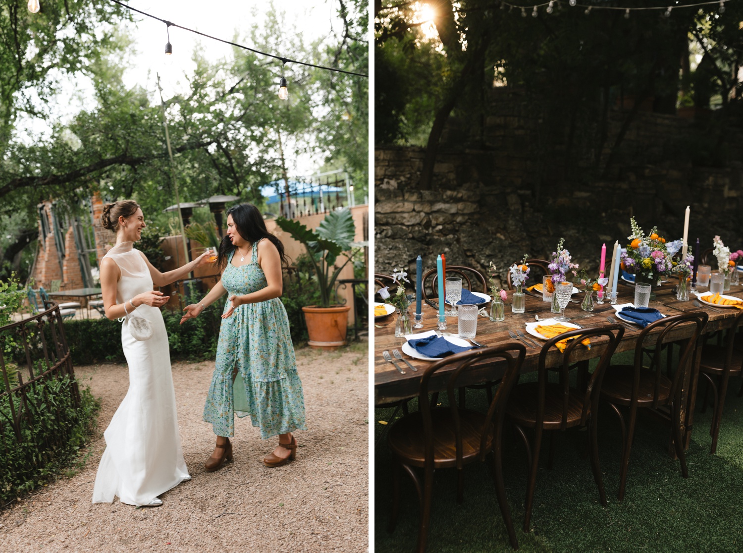 An outdoor table set with colorful flowers, taper candles, and cloth napkins at an Austin wedding