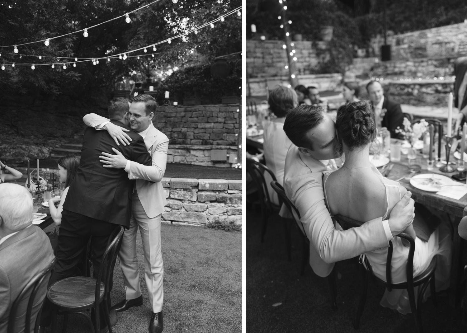 Groom whispering in his bride's ear during their wedding reception
