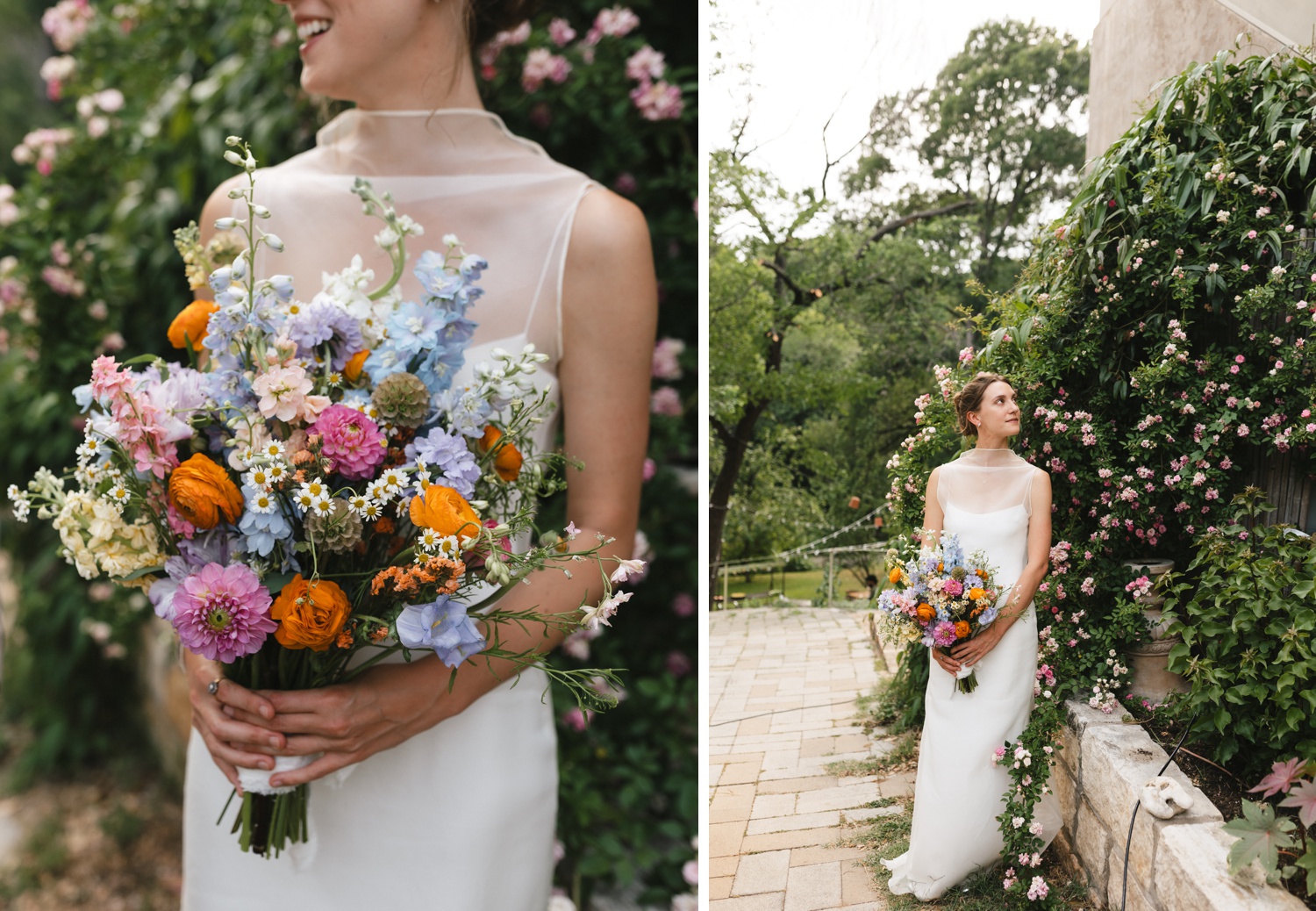 Bride holding a pink, orange, and blue wedding bouquet from Katalina Floral Co.
