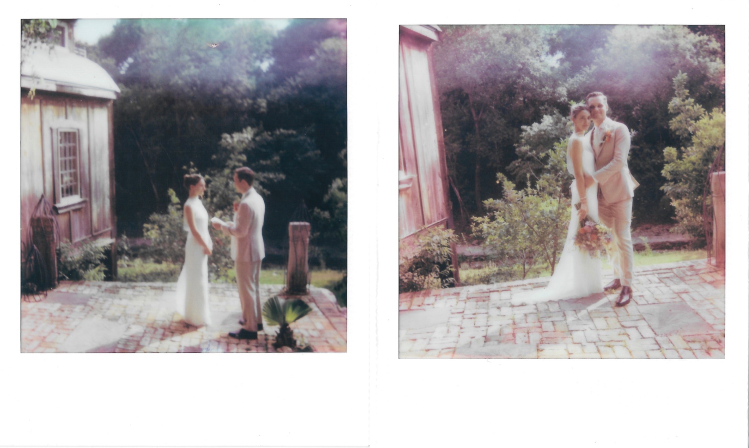 Polaroids of a bride and groom standing by the creek at The Inn at Jennifer's Gardens