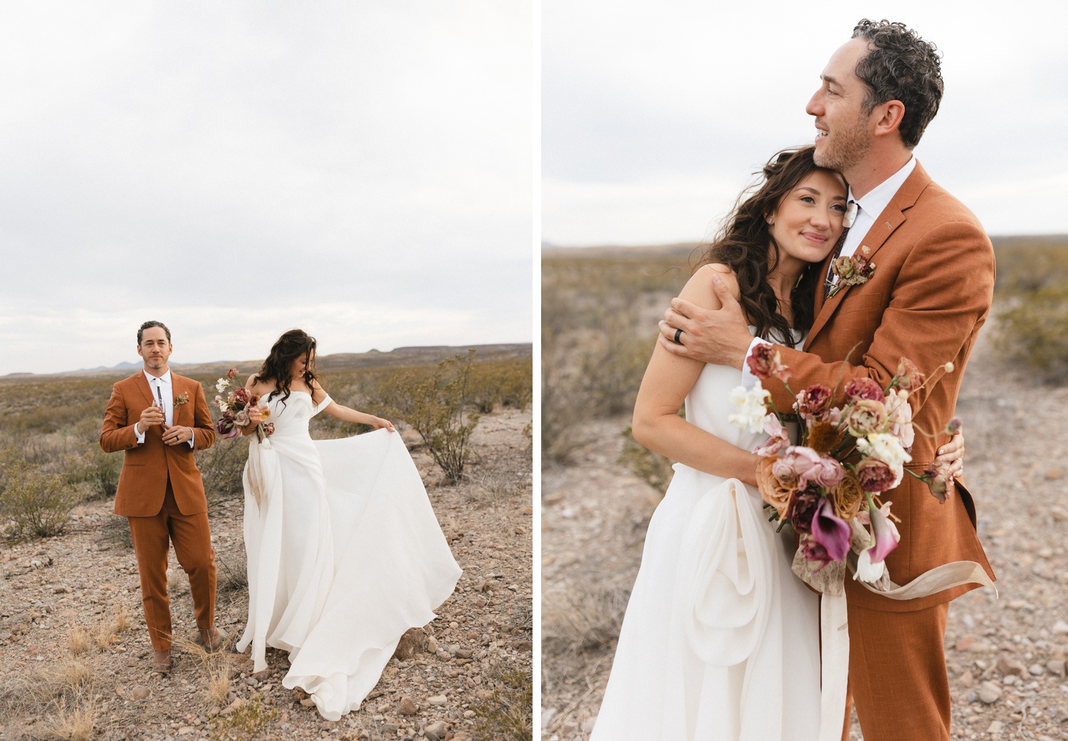 Groom hugging his bride as she holds a mauve and cream bridal bouquet
