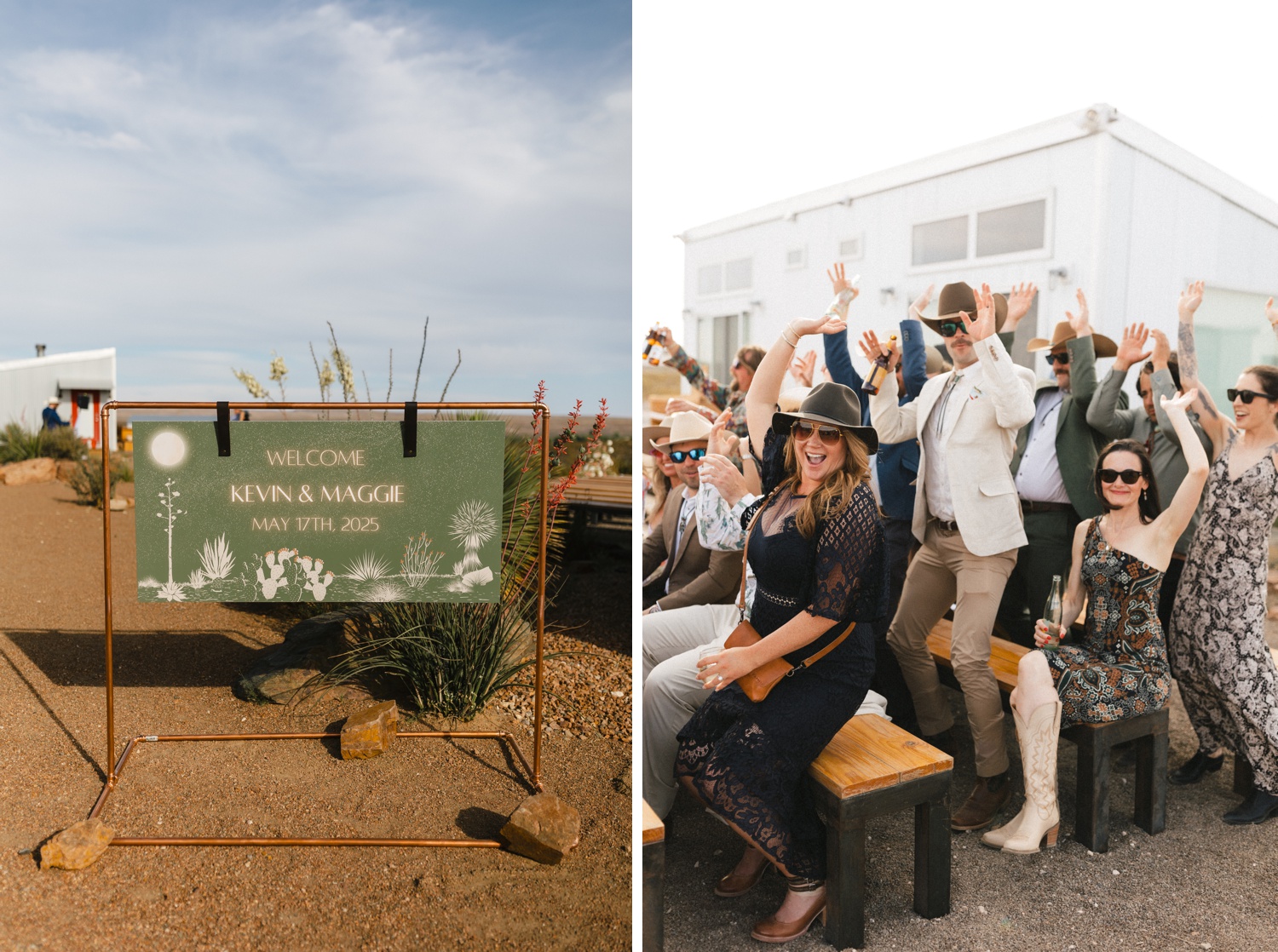 Sage welcome sign with cactus artwork for a Marfa wedding