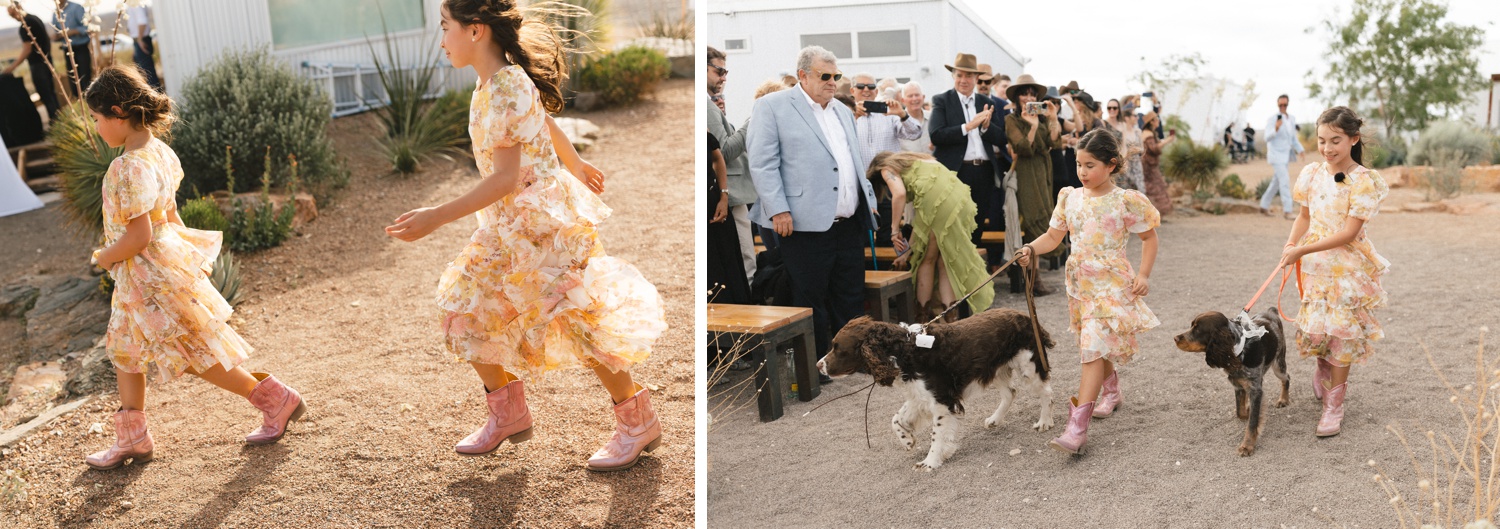 Flower girls walking the bride and groom's dogs down the aisle at a Marfa wedding