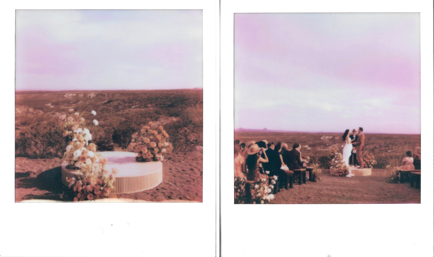 Polaroid photos of an outdoor wedding ceremony in West Texas